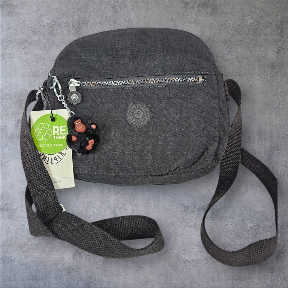 Kipling Kefe Crossbody Bag Black Tonal Adjustable Strap Monkey Charm NWT